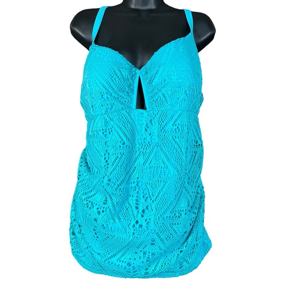 Cacique Other - Cacique Swim Teal Blue Underwire Balconette Bra Eyelet Swim Tankini Top Size 42D